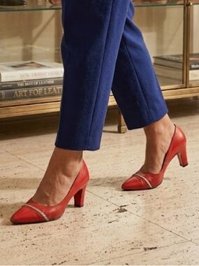 St. John Red Pointed Toe Braided Trim Low Heel Pumps